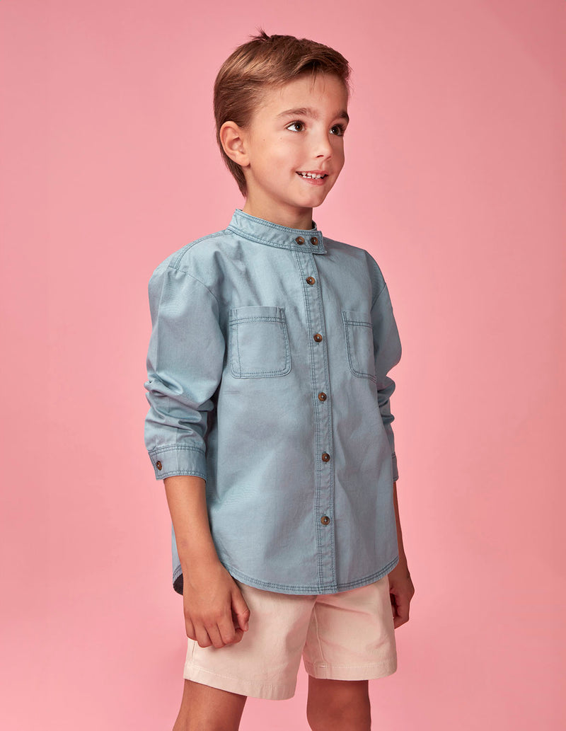 Camisa Cuello Mao Con Bolsillos
