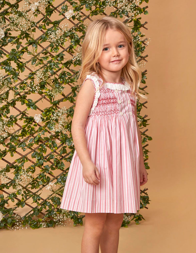 Vestido de rayas con nido de abeja y volantes