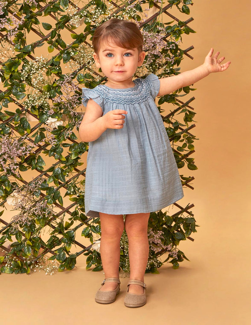 Vestido liso con nido de abeja a contraste