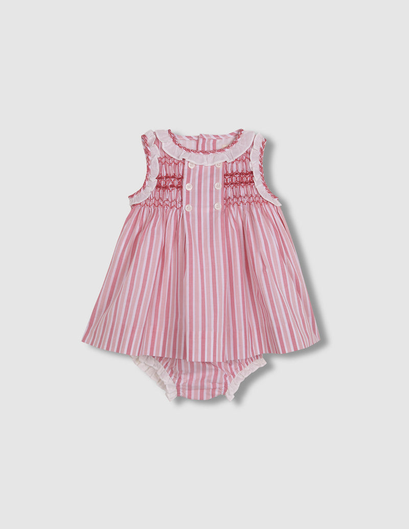 Vestido de rayas con nido de abeja y volantes