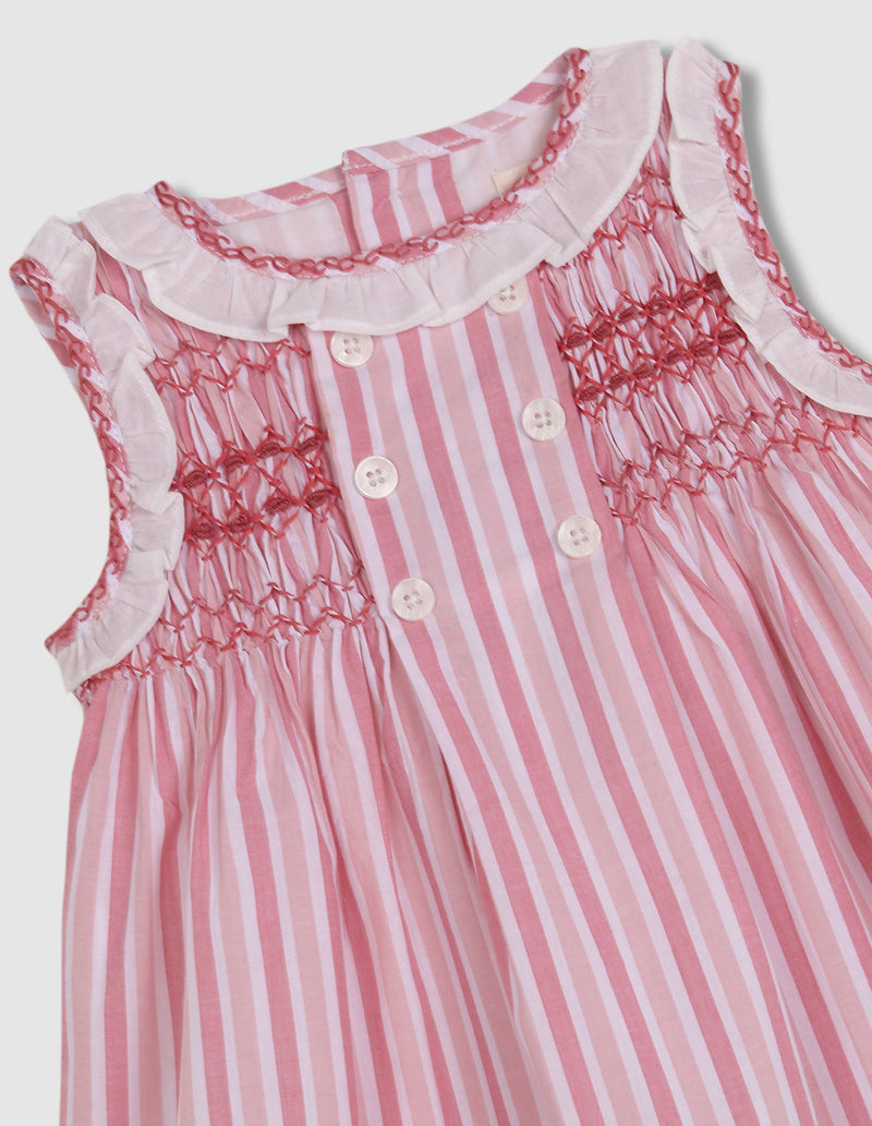 Vestido de rayas con nido de abeja y volantes