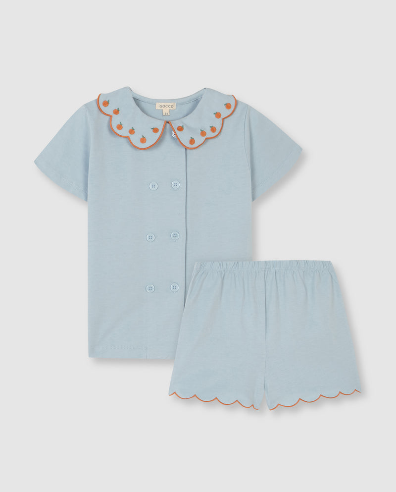 Pijama para niña con cuello bebé y estampado naranja