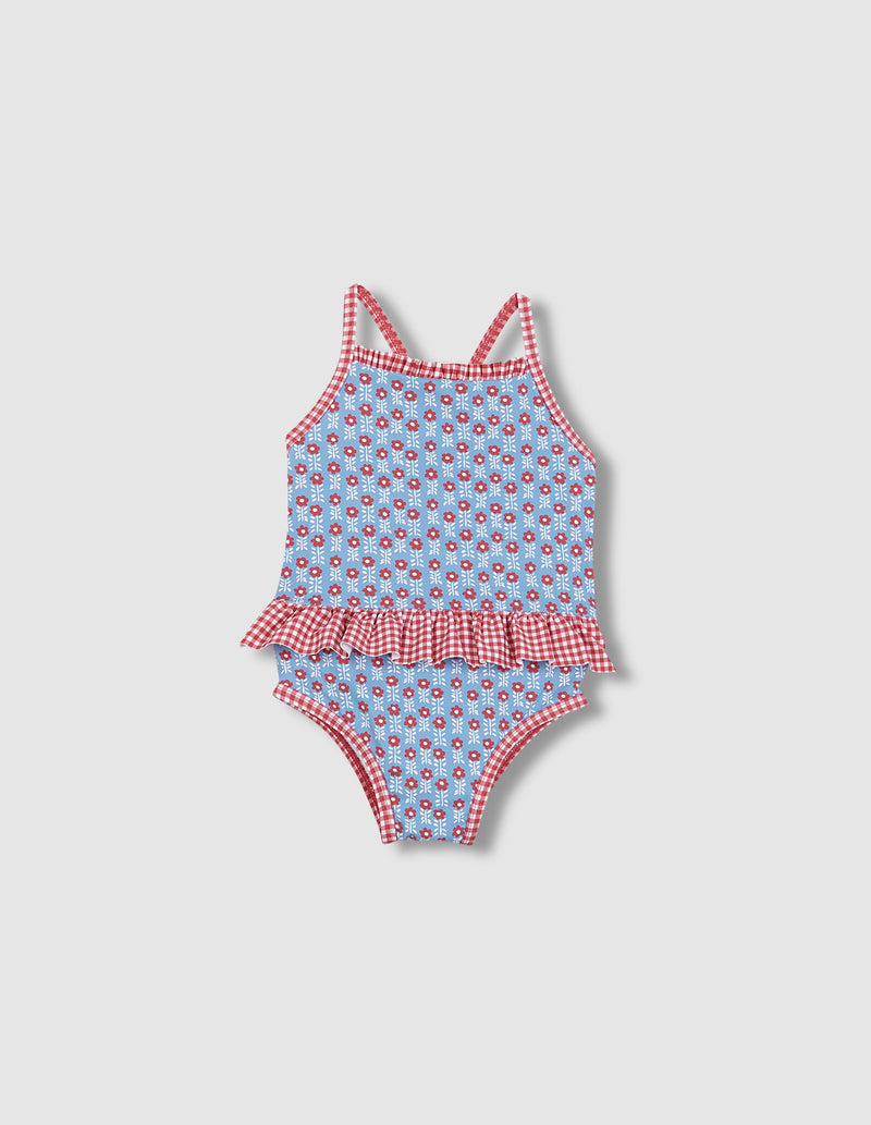 Traje de baño doble estampado y olanes niña