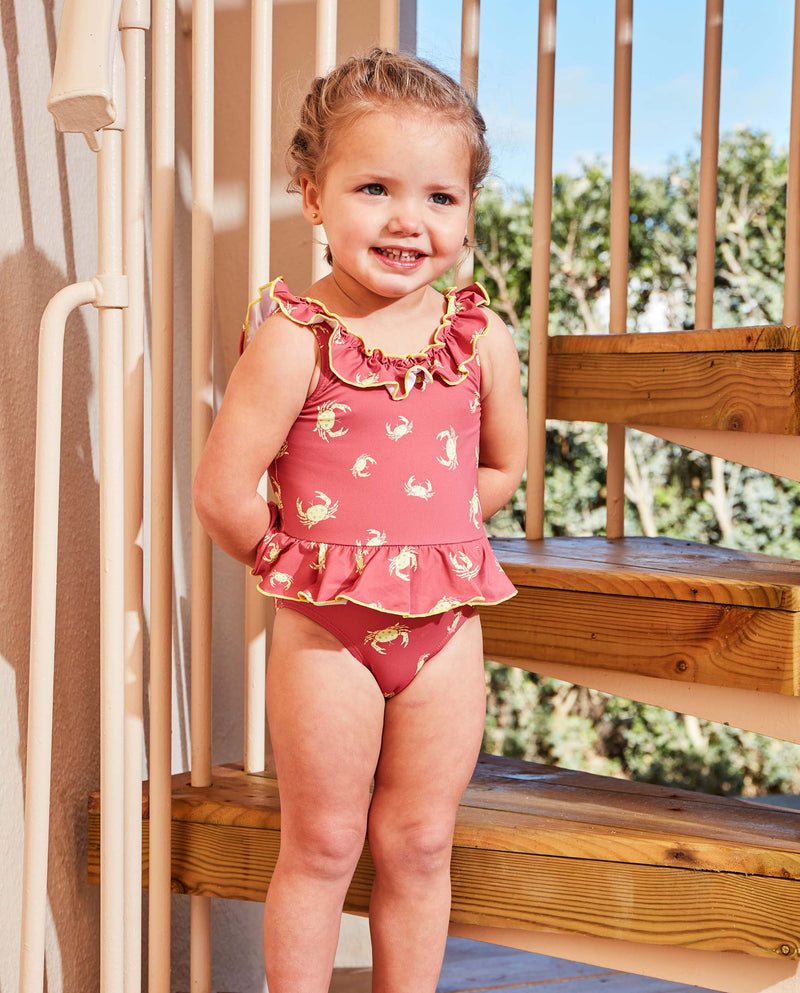 Traje de baño con olanes color coral