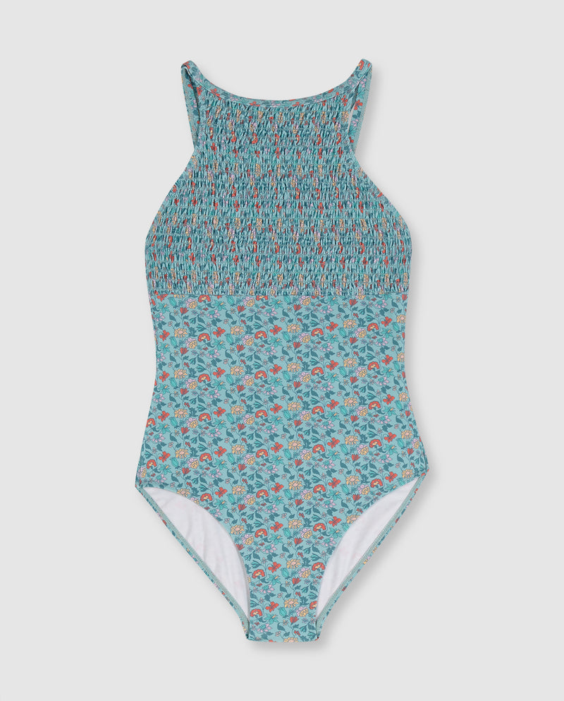 Vestido de bano turquesa con estampado de flores
